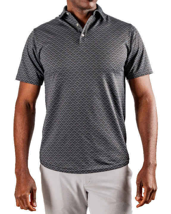 Men’s Slate Mosaic Player Preferred golf polo by Pins & Aces featuring a slate gray geometric pattern, modern blade collar, short sleeves, and athletic performance fit.