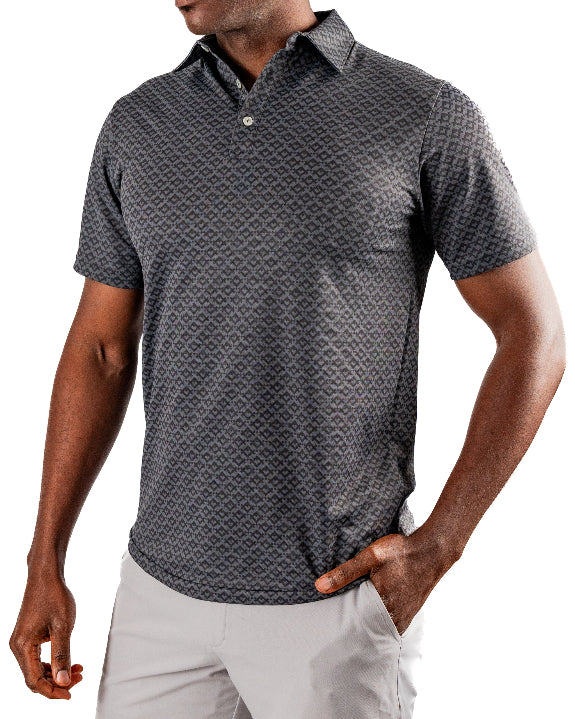 Men’s Slate Mosaic Player Preferred golf polo by Pins & Aces featuring a slate gray geometric pattern, modern blade collar, short sleeves, and athletic performance fit.