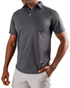 Men’s Slate Mosaic Player Preferred golf polo by Pins & Aces featuring a slate gray geometric pattern, modern blade collar, short sleeves, and athletic performance fit.