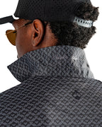 Men’s Slate Mosaic Player Preferred golf polo by Pins & Aces featuring a slate gray geometric pattern, modern blade collar, short sleeves, and athletic performance fit.