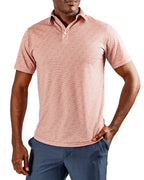Men’s Sparrows Player Preferred golf polo by Pins & Aces featuring a coral and cream micro-pattern, blade collar, short sleeves, and athletic performance fit.