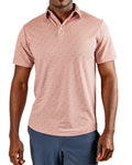 Men’s Sparrows Player Preferred golf polo by Pins & Aces featuring a coral and cream micro-pattern, blade collar, short sleeves, and athletic performance fit.