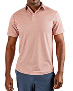 Men’s Sparrows Player Preferred golf polo by Pins & Aces featuring a coral and cream micro-pattern, blade collar, short sleeves, and athletic performance fit.