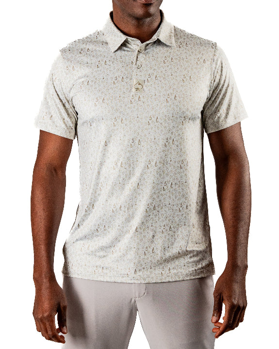 Men’s Drinking Buddies golf polo by Pins & Aces featuring a subtle drinking-inspired all-over print on a cream short-sleeve performance polo with an athletic fit.