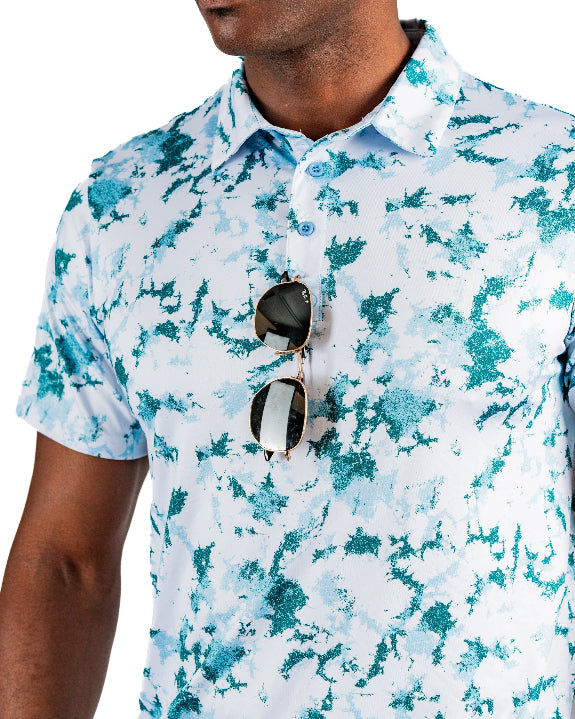 Men’s Frost Burn blue performance golf polo by Pins & Aces featuring a cool-toned design, short sleeves, collared neckline, and athletic fit.