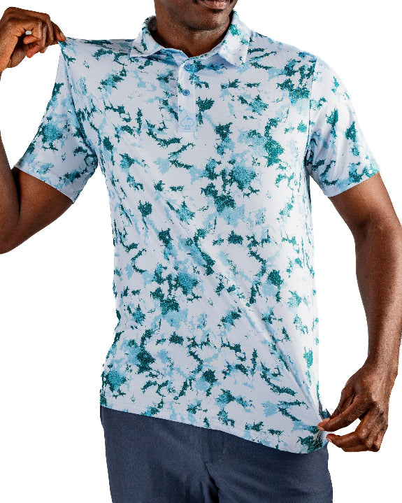 Men’s Frost Burn blue performance golf polo by Pins & Aces featuring a cool-toned design, short sleeves, collared neckline, and athletic fit.