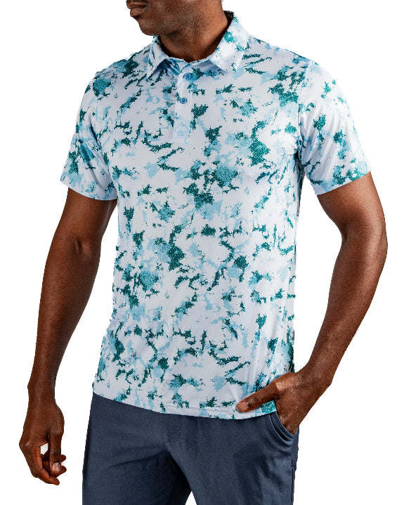 Men’s Frost Burn blue performance golf polo by Pins & Aces featuring a cool-toned design, short sleeves, collared neckline, and athletic fit.
