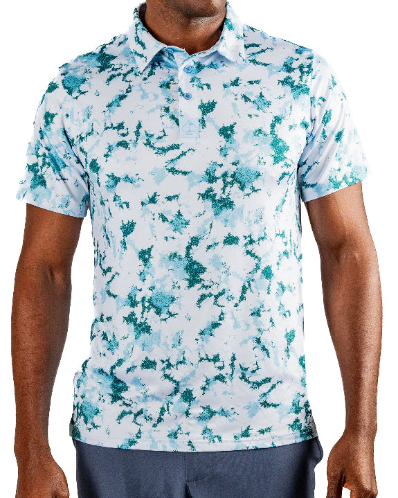 Men’s Frost Burn blue performance golf polo by Pins & Aces featuring a cool-toned design, short sleeves, collared neckline, and athletic fit.