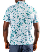 Men’s Frost Burn blue performance golf polo by Pins & Aces featuring a cool-toned design, short sleeves, collared neckline, and athletic fit.