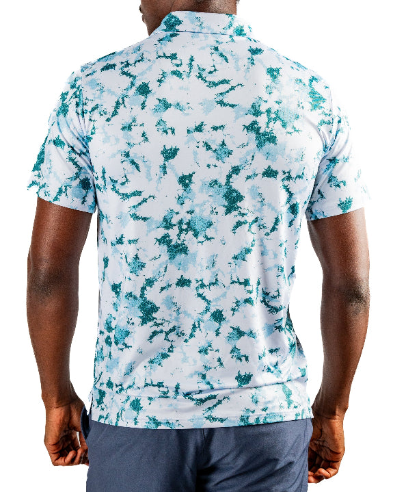 Men’s Frost Burn blue performance golf polo by Pins & Aces featuring a cool-toned design, short sleeves, collared neckline, and athletic fit.