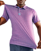 Men’s Sugar Circuit golf polo by Pins & Aces featuring a vibrant pink, purple, and blue geometric all-over pattern with short sleeves and an athletic performance fit.