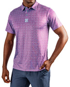 Men’s Sugar Circuit golf polo by Pins & Aces featuring a vibrant pink, purple, and blue geometric all-over pattern with short sleeves and an athletic performance fit.