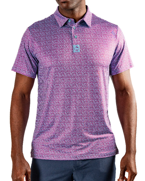 Men’s Sugar Circuit golf polo by Pins & Aces featuring a vibrant pink, purple, and blue geometric all-over pattern with short sleeves and an athletic performance fit.
