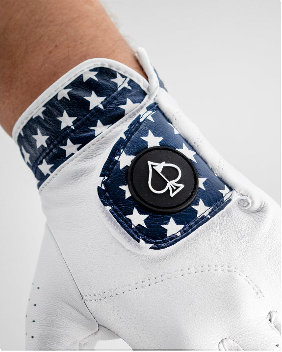 Pins & Aces Premium Tour Stars men’s golf glove made from 100% premium AAA Cabretta leather with a stars-inspired design and moisture-wicking wrist lining.