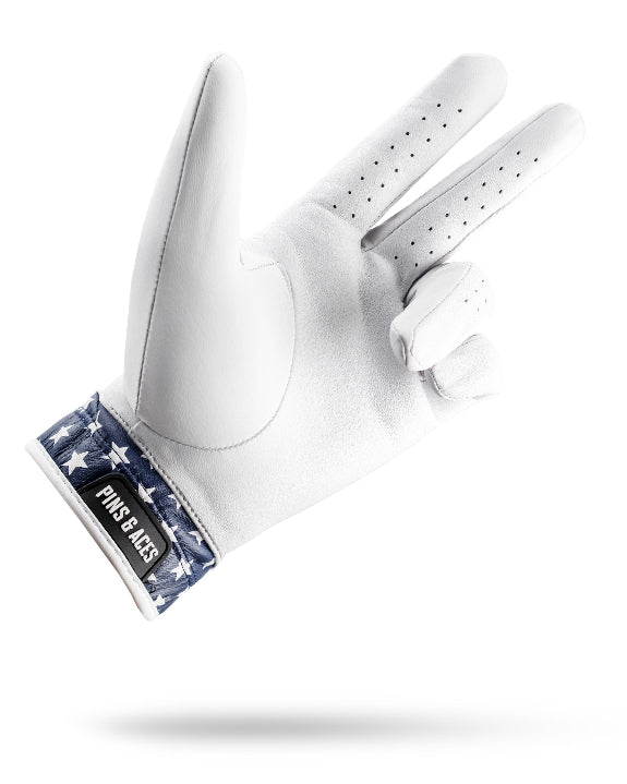 Pins & Aces Premium Tour Stars men’s golf glove made from 100% premium AAA Cabretta leather with a stars-inspired design and moisture-wicking wrist lining.