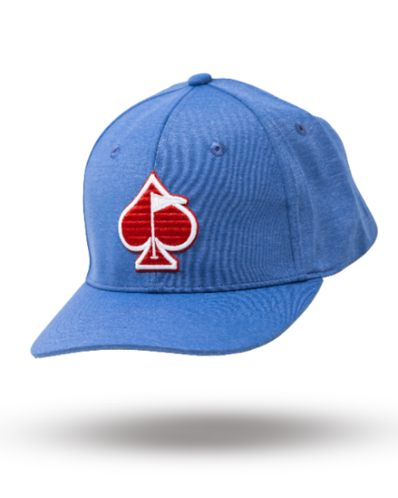 Blue Performance Spade golf hat by Pins & Aces featuring an embroidered Fairway Wave Spade logo, adjustable snapback, curved bill, and built-in magnetic golf ball marker holder.