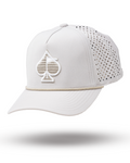 Bone off-white perforated rope golf hat by Pins & Aces featuring breathable perforated panels, braided rope detail, adjustable snapback, and built-in magnetic golf ball marker holder.
