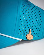Baby blue perforated rope golf hat by Pins & Aces featuring a pink and white embroidered Fairway Wave Spade logo, white rope accent, perforated panels, and curved bill.