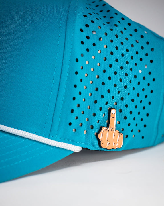 Baby blue perforated rope golf hat by Pins & Aces featuring a pink and white embroidered Fairway Wave Spade logo, white rope accent, perforated panels, and curved bill.