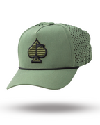 Olive green perforated rope golf hat by Pins & Aces featuring an embroidered Fairway Wave Spade logo, rope accent, adjustable snapback, and built-in magnetic golf ball marker holder.