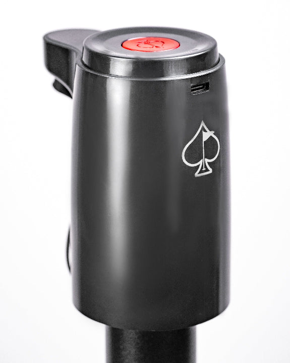 Black LiquorStick® 3.0 golf drink dispenser featuring a 750ml stainless steel reservoir, USB-C rechargeable automatic pump, insulated construction, and ground spike.