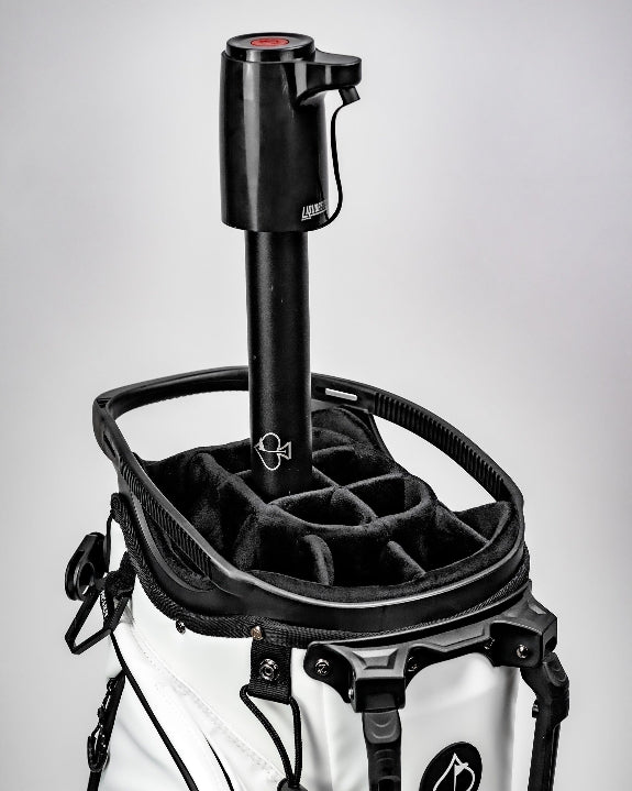 Black LiquorStick® 3.0 golf drink dispenser featuring a 750ml stainless steel reservoir, USB-C rechargeable automatic pump, insulated construction, and ground spike.