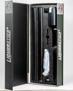Black LiquorStick® 3.0 golf drink dispenser featuring a 750ml stainless steel reservoir, USB-C rechargeable automatic pump, insulated construction, and ground spike.