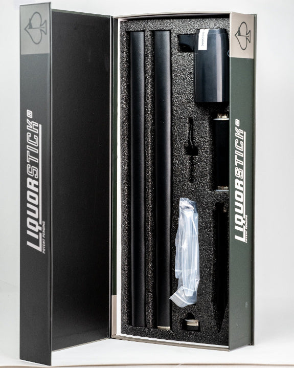 Black LiquorStick® 3.0 golf drink dispenser featuring a 750ml stainless steel reservoir, USB-C rechargeable automatic pump, insulated construction, and ground spike.