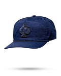 Heritage Navy rope golf hat by Pins & Aces featuring a low-profile 5-panel design, rope accent, adjustable snapback, and built-in magnetic golf ball marker holder.