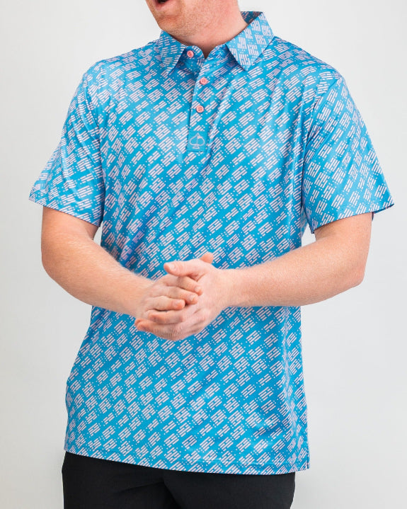 Men’s Skyline Dash Blue golf polo by Pins & Aces featuring a bright blue geometric dash pattern with pink accents and an athletic performance fit.