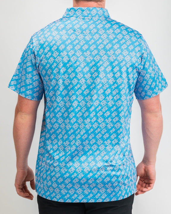Men’s Skyline Dash Blue golf polo by Pins & Aces featuring a bright blue geometric dash pattern with pink accents and an athletic performance fit.