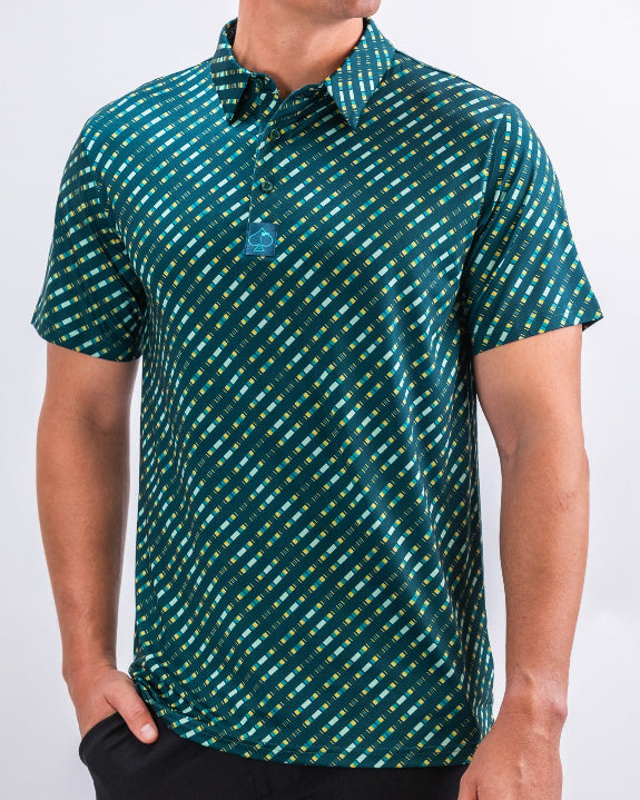 Men’s Chromo Green performance golf polo by Pins & Aces featuring an all-over green, blue, and yellow diagonal geometric stripe pattern with short sleeves and an athletic fit.