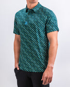 Men’s Chromo Green performance golf polo by Pins & Aces featuring an all-over green, blue, and yellow diagonal geometric stripe pattern with short sleeves and an athletic fit.