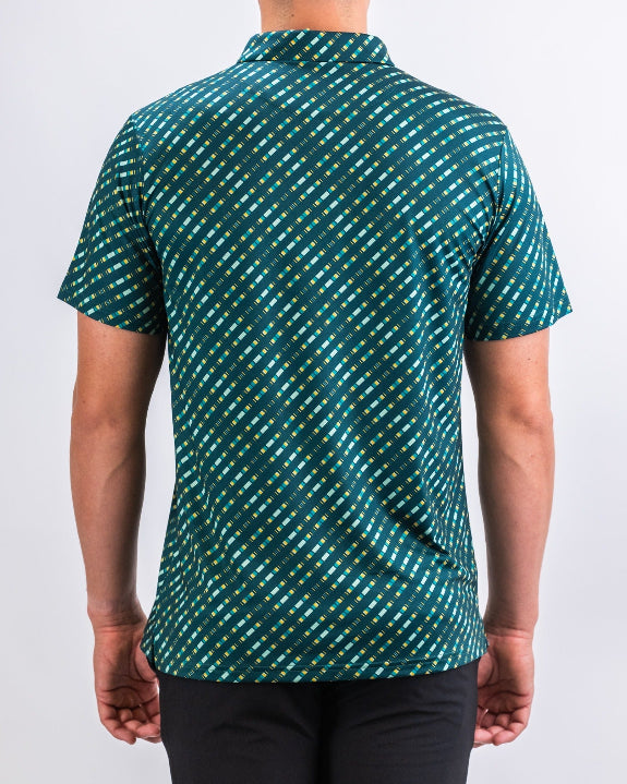 Men’s Chromo Green performance golf polo by Pins & Aces featuring an all-over green, blue, and yellow diagonal geometric stripe pattern with short sleeves and an athletic fit.