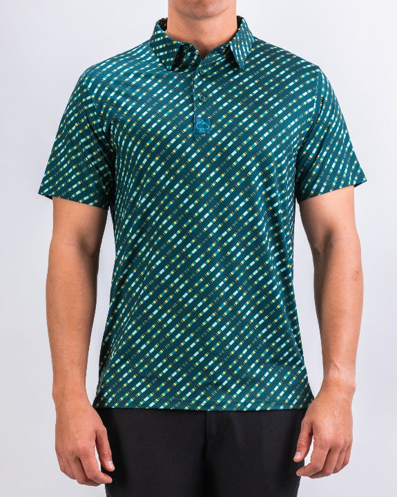 Men’s Chromo Green performance golf polo by Pins & Aces featuring an all-over green, blue, and yellow diagonal geometric stripe pattern with short sleeves and an athletic fit.
