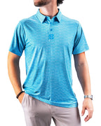 Men’s Margaritaville Rendezvous performance golf polo by Pins & Aces featuring a bright blue all-over pattern, short sleeves, collared neckline, and athletic fit.