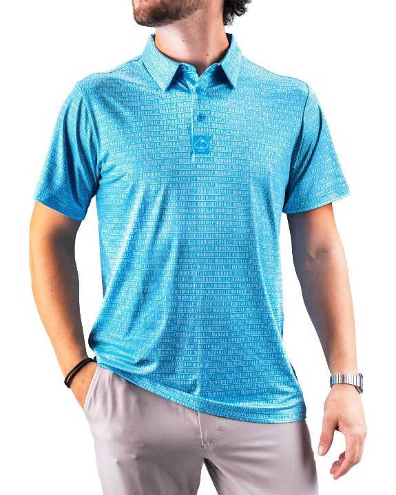 Men’s Margaritaville Rendezvous performance golf polo by Pins & Aces featuring a bright blue all-over pattern, short sleeves, collared neckline, and athletic fit.