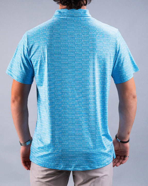 Men’s Margaritaville Rendezvous performance golf polo by Pins & Aces featuring a bright blue all-over pattern, short sleeves, collared neckline, and athletic fit.