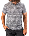 Men’s Fragment Black golf polo by Pins & Aces featuring an all-over black, white, and gray abstract line pattern with short sleeves and an athletic performance fit.