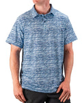 Men’s Fragment Blue golf polo by Pins & Aces featuring an all-over abstract fragmented line pattern in blue and white with short sleeves and an athletic performance fit.