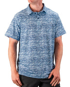 Men’s Fragment Blue golf polo by Pins & Aces featuring an all-over abstract fragmented line pattern in blue and white with short sleeves and an athletic performance fit.