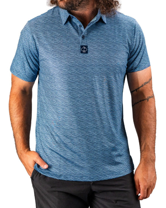 Men’s Squiggle Blue performance golf polo by Pins & Aces featuring a subtle textured blue pattern, short sleeves, and athletic fit.