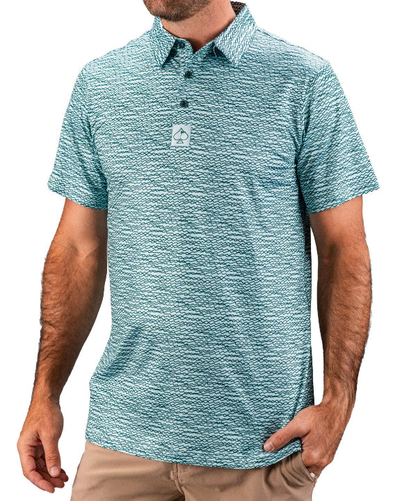 Men’s Squiggle Teal golf polo by Pins & Aces featuring an all-over aqua and teal abstract wavy squiggle pattern with short sleeves and an athletic performance fit.