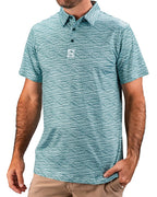 Men’s Squiggle Teal golf polo by Pins & Aces featuring an all-over aqua and teal abstract wavy squiggle pattern with short sleeves and an athletic performance fit.