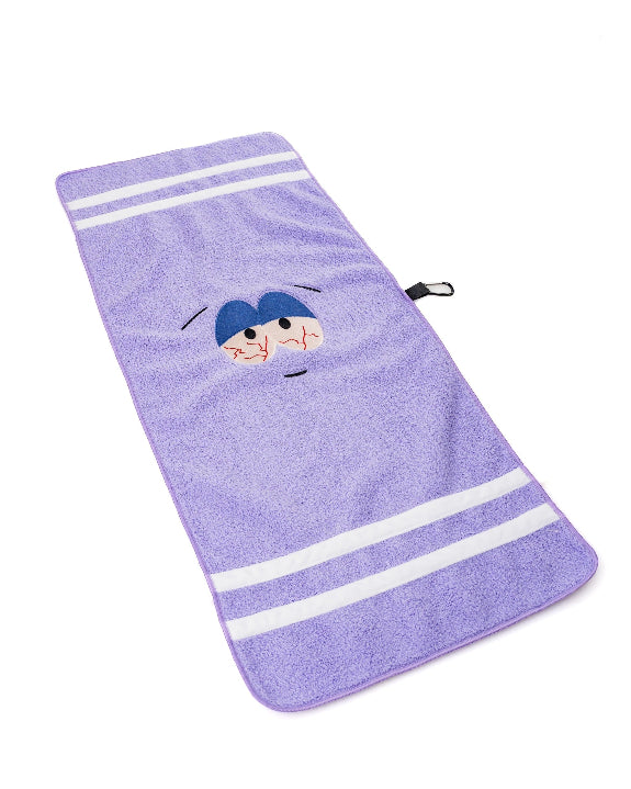 South Park Towelie premium microfiber golf towel from the official Pins & Aces x South Park collection, designed as a lightweight and absorbent golf accessory.