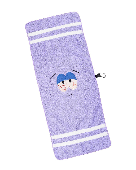 South Park Towelie premium microfiber golf towel from the official Pins & Aces x South Park collection, designed as a lightweight and absorbent golf accessory.