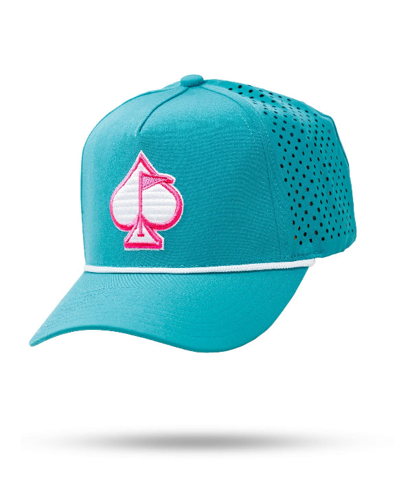 Baby blue perforated rope golf hat by Pins & Aces featuring a pink and white embroidered Fairway Wave Spade logo, white rope accent, perforated panels, and curved bill.