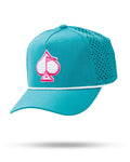 Baby blue perforated rope golf hat by Pins & Aces featuring a pink and white embroidered Fairway Wave Spade logo, white rope accent, perforated panels, and curved bill.