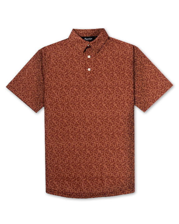 Men’s Filament golf polo by Pins & Aces featuring a rust and burnt orange abstract line pattern, short sleeves, modern blade collar, and athletic performance fit.