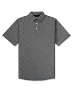 Men’s Jade Drops golf polo by Pins & Aces featuring a dark jade green geometric pattern, modern blade collar, short sleeves, and athletic performance fit.